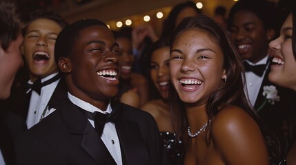 A joyful retro dance party where friends are dressed formally and laughing together.