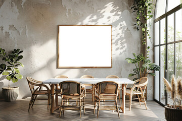 Blank poster frame mockup in modern dining room featuring white marble table and rattan chairs in bright and airy space with natural light and lush plants.