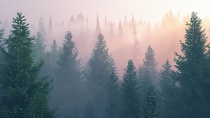 The mist gently envelops the tall pine trees. A serene and mysterious ambiance pervades the forest.