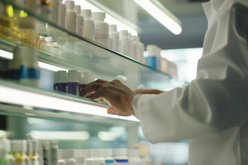 Close up view of Pharmacist taking medicine from c shelves