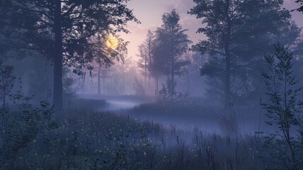 Fototapeta premium As the sun sets, a mystical light fills the forest. The trees stand tall, cloaked in a dreamy, ethereal glow.