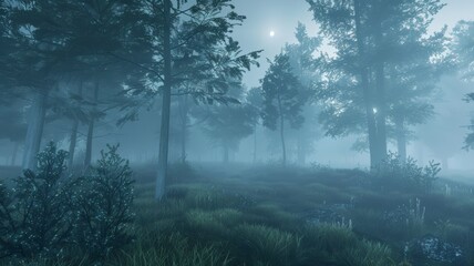 Fototapeta premium The full moon illuminates the fog-covered forest. A surreal and calming nighttime scene unfolds.