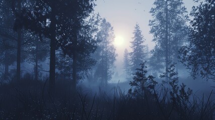 Naklejka premium The sun dips below the horizon, casting warm hues across the foggy landscape. An enchanting blend of light and shadow creates a captivating view.