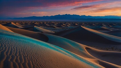 A breathtaking view of sand dunes bathed in the warm glow of a setting sun, with a touch of blue reflecting off the sand