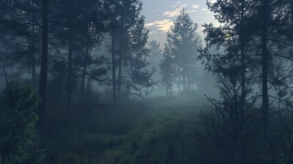The morning sun beams through the forest, illuminating the mist. A magical, tranquil atmosphere envelops the trees.