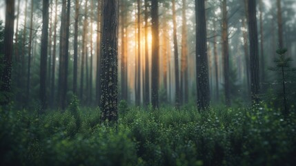 Fototapeta premium A mesmerizing view of lush green woodland bathed in soft sunlight, located in Karelia, Russia. The light filters through tall, dense trees, creating a serene and magical atmosphere.
