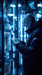 A tech professional working in a dimly lit server room, interacting with a digital tablet. The scene emphasizes modern technology and data management.