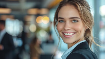 Obraz premium A happy businesswoman smiles in an office setting, with a blurred colleague and office background. The image is bright and vibrant, captured in a candid moment.
