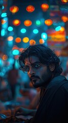 Obraz premium A focused entrepreneur with glasses and a beard working on a laptop in a vibrant, bokeh-lit environment with colorful lights.