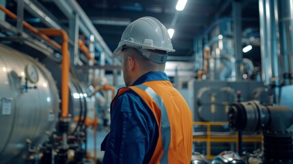 Boiler room service Man in helmet and uniform with blue-orange stripe doing boiler room repair