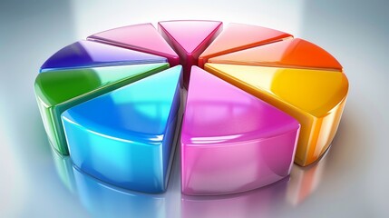 Minimalist 3D pie chart, glossy finish with vivid colors, emphasizing data visualization and statistical analysis