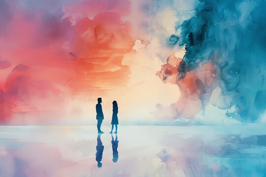 Silhouettes of two individuals in an abstract, colorful background, portraying a dreamlike, serene moment filled with imagination and artistic beauty.