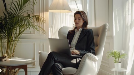 middle aged business woman professional leader wearing suit holding laptop using computer working sitting in comfortable chair in sunny office with green plants.