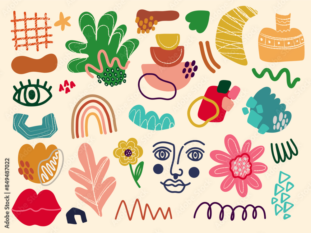 Fototapete abstract element shape set. color graphic modern abstract element. doodle collage