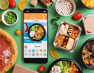 Modern food delivery mobile app kit template featuring a sleek user interface design, vibrant color scheme, and ample copy space for text