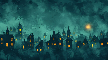 halloween background with simplified outlines of haunted houses, using minimal details and a monochromatic color scheme to create an eerie, abstract scene. 