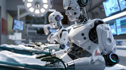 Three advanced robots performing surgery in a highly futuristic, hi-tech operating room with screens and medical devices surrounding them. Created with Generative AI.