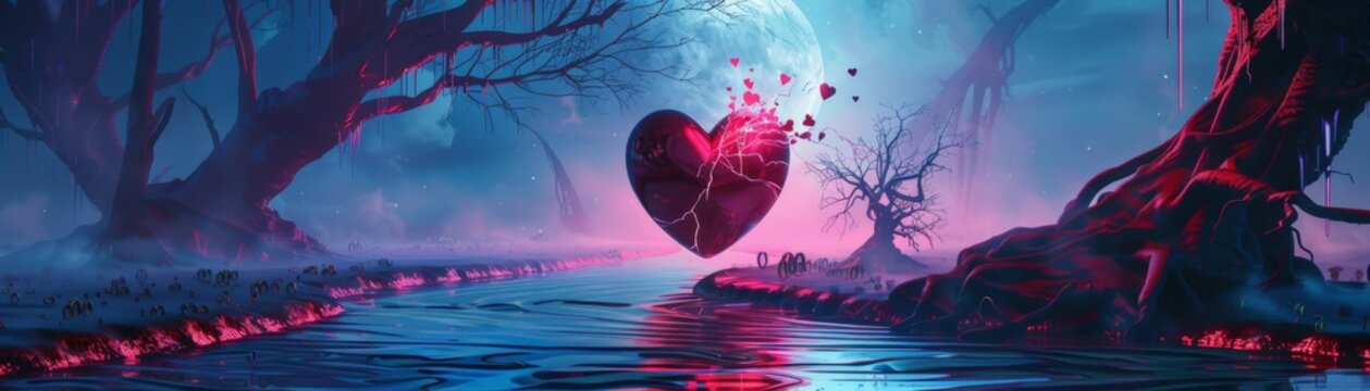 Surreal digital artwork of a shattered heart floating between eerie trees by a river under a mystical glowing moon, in vivid colors.