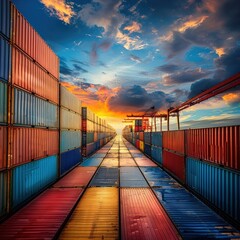 Fototapeta premium photo of Container ship carrying container box in import export with quay crane.