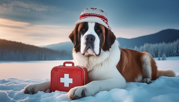 Chien de recherche Saint-Bernard avec une trousse de secours