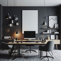 A desk with A chair and poster mockup with poster empty white in working home and A chair and poster mockup in a room with a black wall.