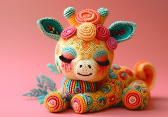 Crocheted amigurami giraffe on bright coloured background. Concept of love, birthday, children's matinee. For notepad, notebook, banner, poster, postcard, greeting card.