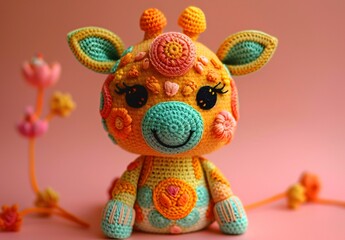 Crocheted amigurami giraffe on bright coloured background. Concept of love, birthday, children's matinee. For notepad, notebook, banner, poster, postcard, greeting card.