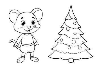 Christmas beautiful little mouse and tree line art vector