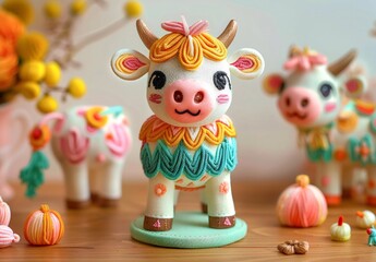 Crocheted amigurami cow on bright coloured background. Concept of love, birthday, children's matinee. For notepad, notebook, banner, poster, postcard, greeting card.