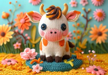 Crocheted amigurami cow on bright coloured background. Concept of love, birthday, children's matinee. For notepad, notebook, banner, poster, postcard, greeting card.