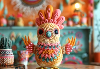 Knitted amigurami rooster on a bright coloured background. Concept of love, birthday, children's matinee. For notepad, notebook, banner, poster, postcard, greeting card.
