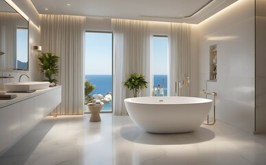 Interior of modern bathroom with white bathtub and panoramic window	
