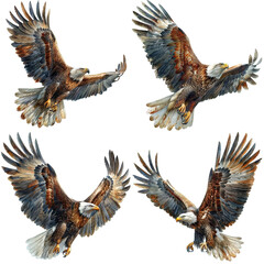 Fototapeta premium Four Bald Eagles Soaring in Dramatic Aerial Poses Isolated on Transparent Background generative ai