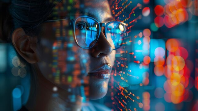 Intense close-up of an IT specialist with glasses, computer code and circuit board graphics, vivid tones, Double exposure silhouette with programming skills