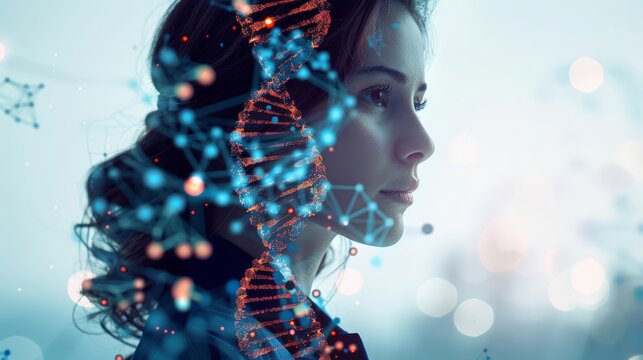 Portrait of a female scientist in a lab coat, combined with DNA helix and molecular structures, rich hues, Double exposure silhouette with genetic research