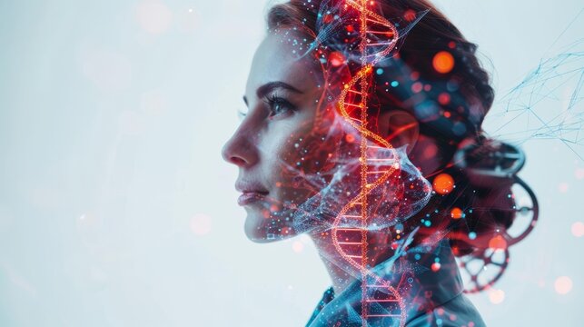 Portrait of a female scientist in a lab coat, combined with DNA helix and molecular structures, rich hues, Double exposure silhouette with genetic research - Powered by Adobe