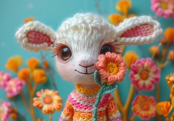 Crocheted amigurami goat holding a flower on a bright coloured background. Concept of love, birthday, children's matinee. For notepad, notebook, banner, poster, postcard, greeting card.