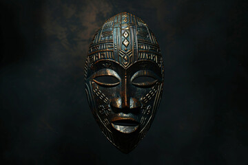 An ornate tribal mask with intricate carvings and dark tones set against a moody background