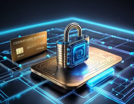 A secure online payment concept featuring a digital lock icon and a credit card, symbolizing safe and protected transactions over the internet.