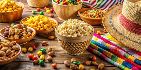 Colorful Brazilian June Party sweets with a straw hat, popcorn, pa?oca, and sweet peanuts, Brazilian, June Party