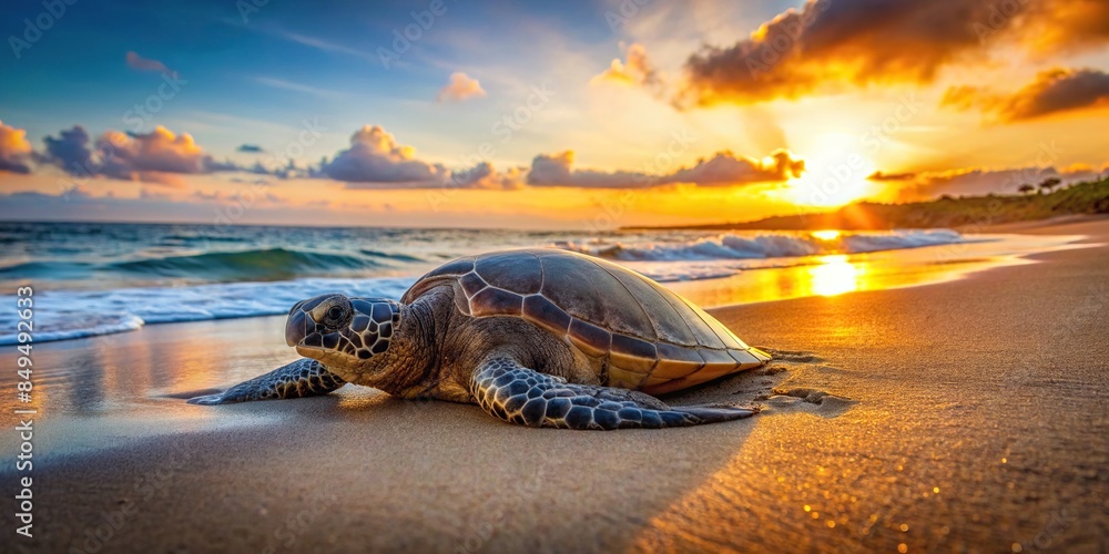 Wall mural sea turtle basking in the warm glow of a sunset on the sandy beach, sea turtle, beach, sunset, ocean - Wall murals