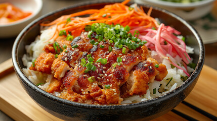 Fototapeta premium Chicken poke bowl salad with rice, carrots, edamame, radish and mushrooms. Image for cafe menu, Banner