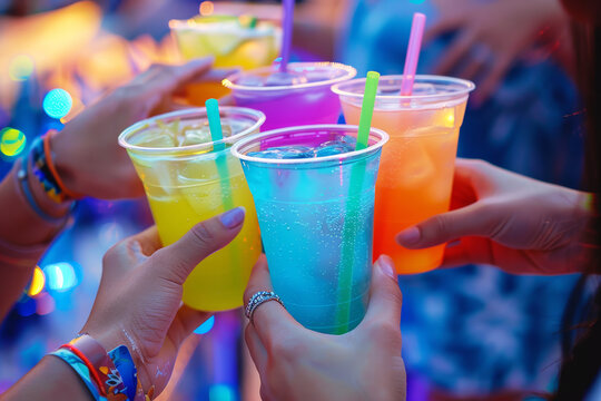 Colorful drinks are at a lively party in plastic cups with vibrant straws, creating a festive vibe