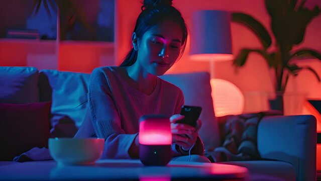 Woman using a Smart speaker with smart phone