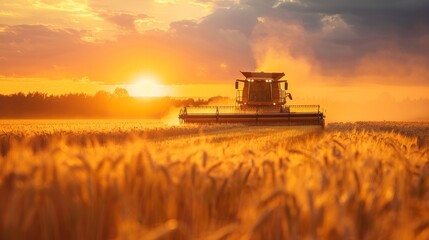 Naklejka premium Sunset silhouette of combine harvester and tractor in a golden wheat field, summer harvest scene