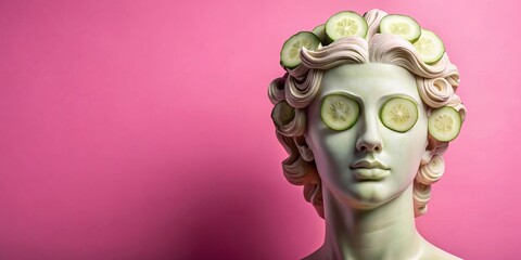 Face sculpture of Aphrodite with cucumber slices on eyes against pink background, sculpture, Aphrodite, face, cucumber, eyes