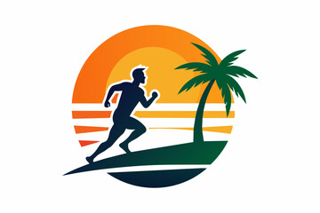 man running palm beach with sunset logo vector illustration