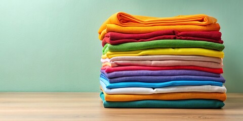Colorful stack of folded clothes, fashion, clothing, vibrant, apparel, rainbow, organized, laundry, wardrobe, colorful, stack