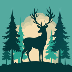 A silhouette of a deer with antlers standing in a forest with trees in the background