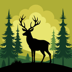 A silhouette of a deer with antlers standing in a forest with trees in the background
